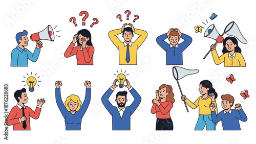 A collection of diverse cartoon characters expressing various emotions and actions, including confusion, celebration, and idea generation.