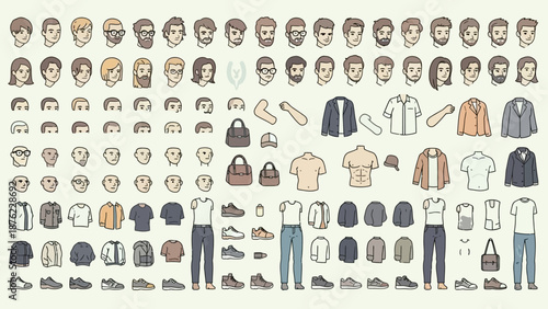 A comprehensive collection of diverse cartoon characters and their clothing and accessory options, presented in a grid format.