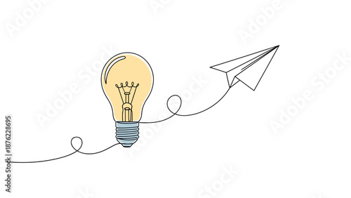 Inspiring creative concept showing a continuous line connecting a glowing lightbulb to a flying paper airplane on white.