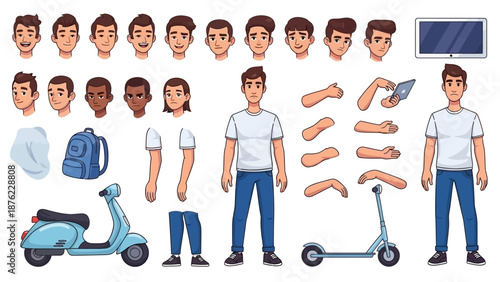 A comprehensive collection of character design elements for a young man, including various facial expressions, body parts, clothing, accessories, and vehicles like a scooter and a laptop.