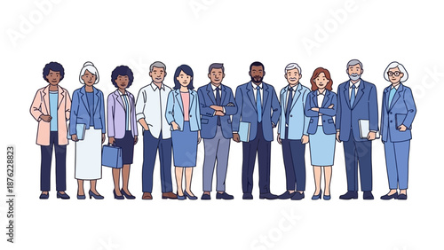 A diverse group of professional men and women standing together in a line, all dressed in business attire.