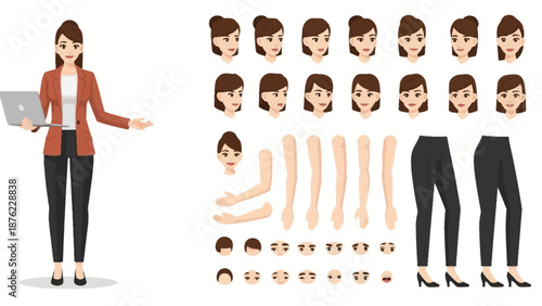 A collection of cartoon character parts for animation, including a woman's body, various facial expressions, hairstyles, and clothing options.