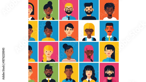 A diverse collection of colorful, flat-design avatars representing people of various ethnicities and genders.