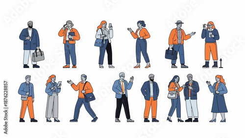 A diverse group of people in casual clothing, some holding phones and bags, depicted in a flat, illustrative style.