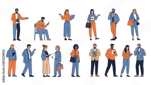 A diverse group of people in casual and business attire, some holding devices and bags, depicted in a flat, modern illustration style.
