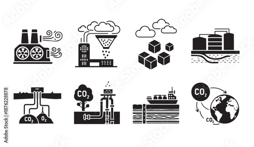 Black vector icons depicting industrial pollution and carbon dioxide emissions