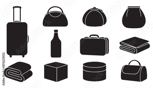 Collection of travel and luggage icons including suitcases, bags, and boxes on white background