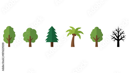 Various types of trees shown in a row isolated on white background, Vector, illustration
