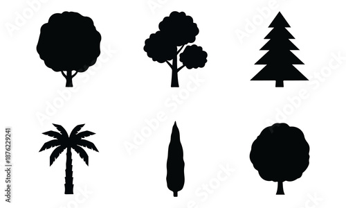 Collection of silhouette icons representing various types of trees isolated on white background, Vector, illustration