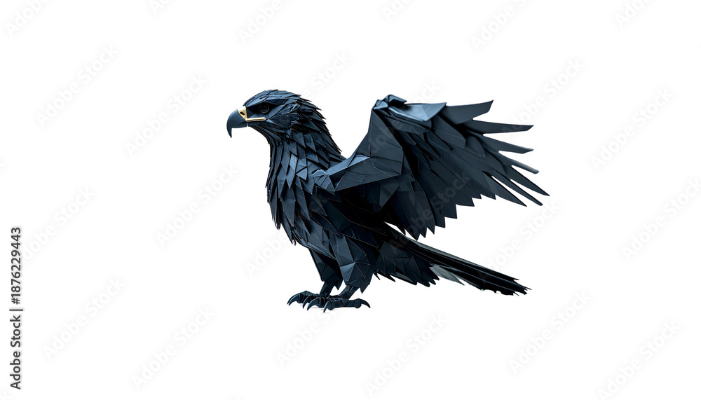 Obraz premium A 3D rendering of a majestic black silhouette of an eagle soaring into the sky, with a red origami piece isolated against a white background