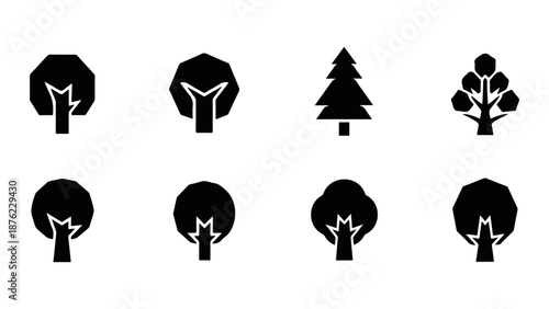 Collection of stylized tree icons in black and white isolated on white background, Vector, illustration