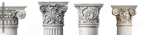 Ornate Architectural Column Capitals: Stone Details Isolated on White