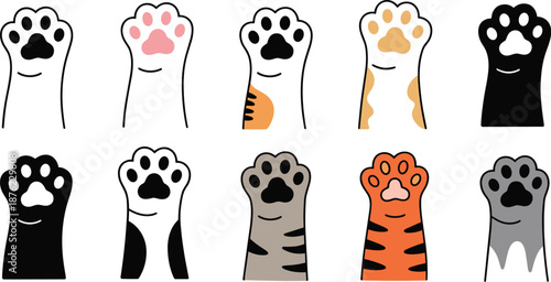 Cute cat paw icon set, cartoon kitten feet collection with different colors and patterns, pet animal vector illustration