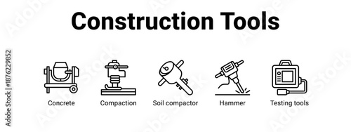 Construction Tools web banner icon vector illustration concept ,  with icon of Concrete, Compaction, Soil compactor, Hammer.