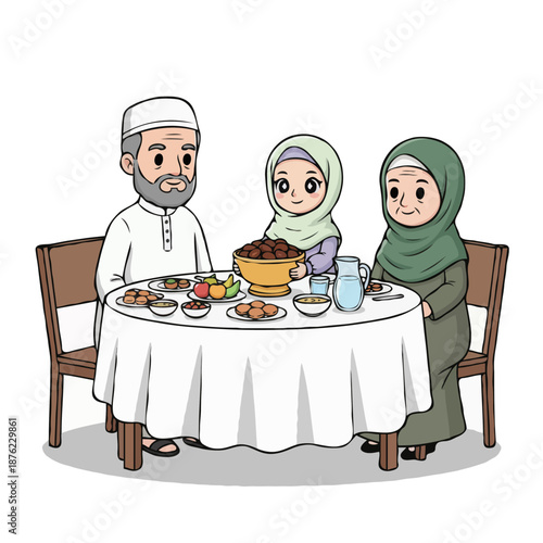 Muslim Family Having Meal with Grandparents Illustration