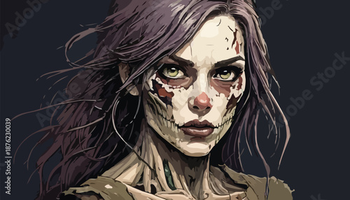 Zombie Woman Portrait with Pale Skin and Dark Eyes.