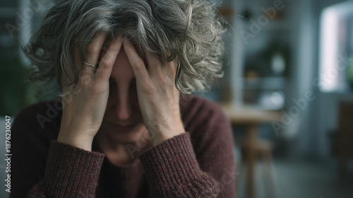 A middle-aged woman with her hands on her face looking stressed and overwhelmed indoors
