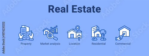 Real Estate web banner icon vector illustration concept ,  with icon of Property, Market analysis, Location.