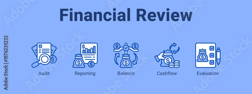 Financial Review web banner icon vector illustration concept ,  with icon of Audit, Reporting, Balance.