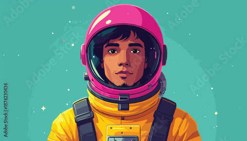 Portrait of a determined astronaut with a pink helmet.