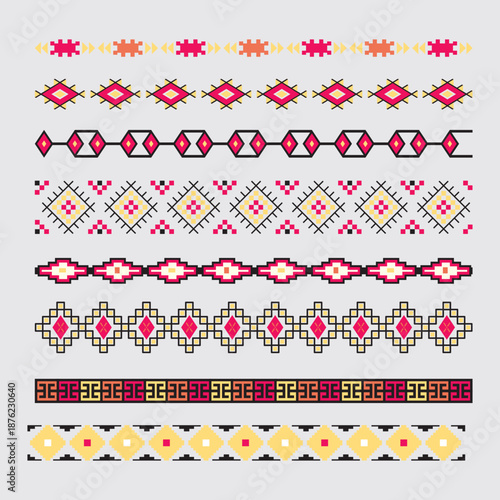 Geometric Tribal Border Patterns in Bright Pink, Yellow, and Black for Decorative Design Projects