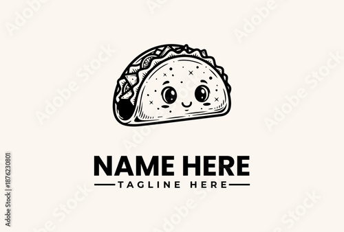 A smiling taco character illustration with a customizable name and tagline on a clean white background, featuring a logo and vector graphic design.