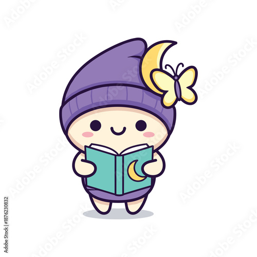 Cute Cartoon Character Reading Under the Stars