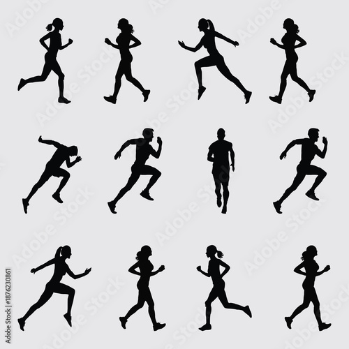 Silhouetted Runners Grid: Twelve Dynamic Silhouettes Representing Fitness, Athletics, and Movement