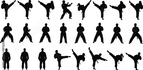 Set of martial arts silhouettes men and women in karate uniforms kicking and punching isolated on white background vector collection.