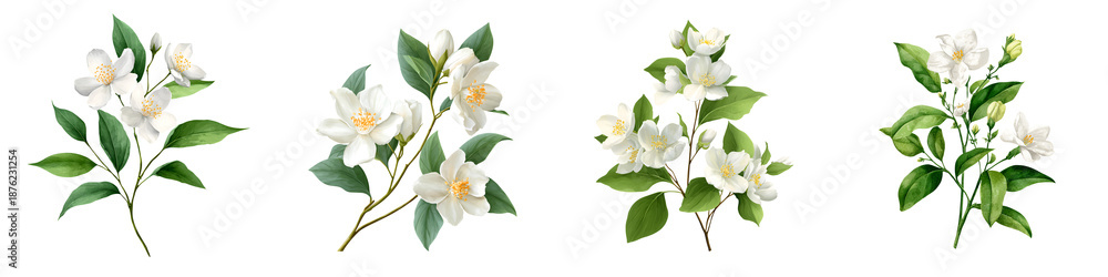 Obraz premium White Jasmine Flowers: Elegant Botanical Illustration Set