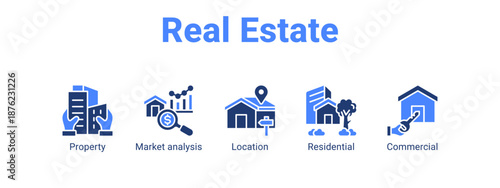 Real Estate web banner icon vector illustration concept ,  with icon of Property, Market analysis, Location.