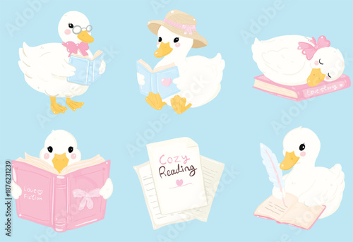 Cozy duck bookish, call duck book lover vector isolated, a charming illustration features a collection of cute ducklings engaged in various reading activities