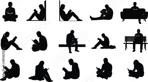 Set of people silhouettes sitting and reading books in various poses including floor bench and sofa isolated on white background.