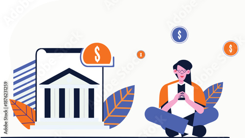 Woman using mobile banking app with financial icons and money symbols around her