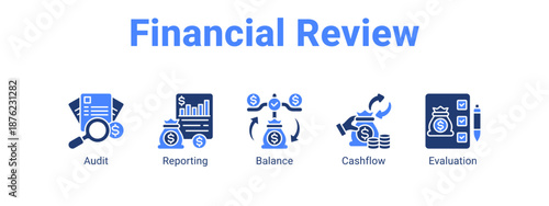 Financial Review web banner icon vector illustration concept ,  with icon of Audit, Reporting, Balance.