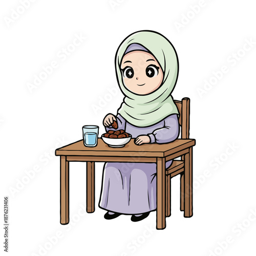 Cute Muslim Girl Character Eating Dates and Drinking Water for Iftar or Suhoor Illustration