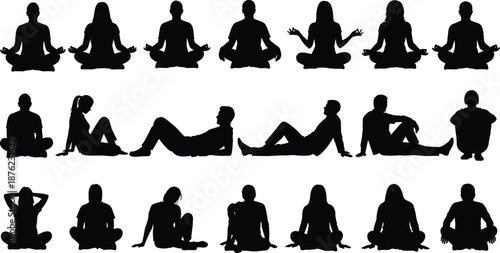 Silhouettes of people sitting in various poses, including meditation, yoga, relaxing, and casual positions, isolated on white background, vector set.