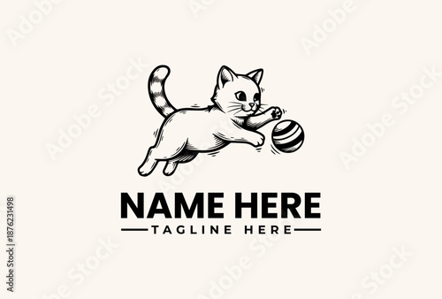 A playful cat illustration with a ball of yarn and a placeholder text for a logo or icon on a clean white background.