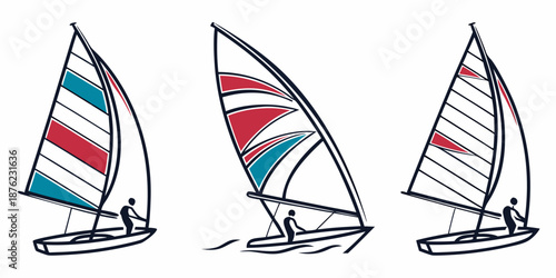 A vector graphic illustration of three sailboats with colorful sails