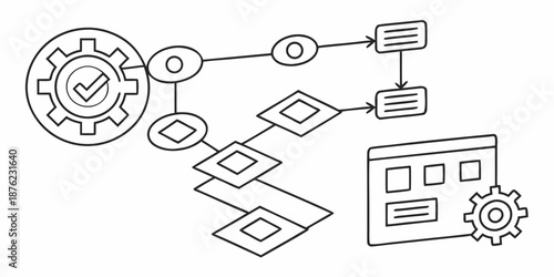 A vector graphic illustrating a flowchart with gears and process steps
