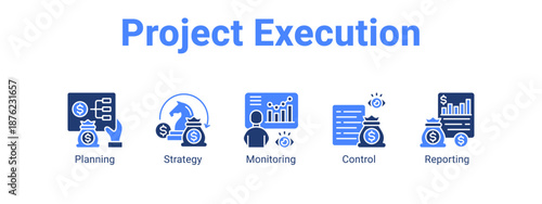 Project Execution web banner icon vector illustration concept ,  with icon of Planning, Strategy, Monitoring.