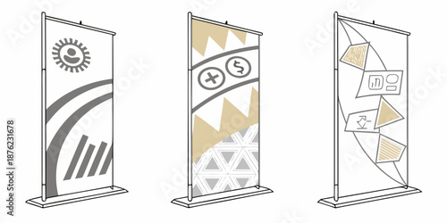 A set of three modern roll-up banners with geometric designs