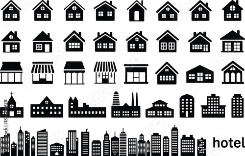Black and White Cityscape Building Icons