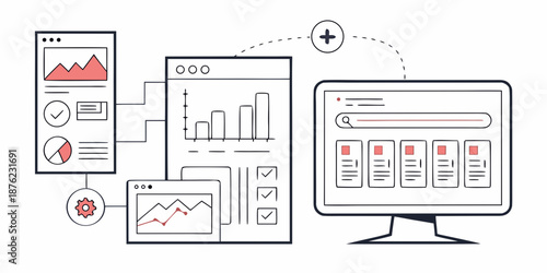 A vector graphic illustrating data analysis and synchronization across devices