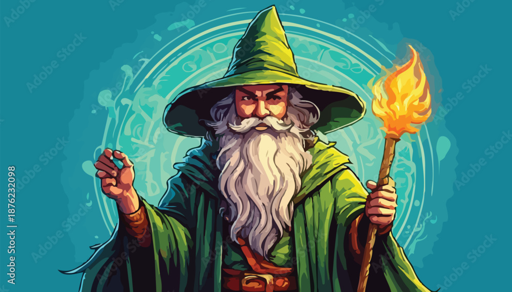 Obraz premium Wizard with a Glowing Staff and Magical Orb Illustration.