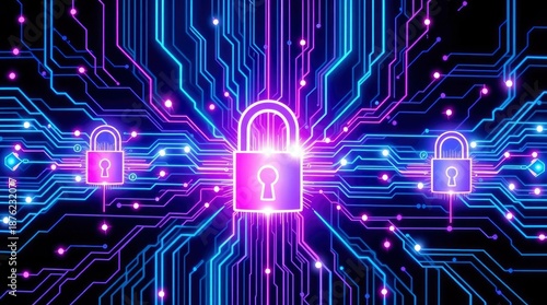 Vibrant digital network security concept featuring glowing padlocks embedded in a complex circuit board, symbolizing robust online protection
