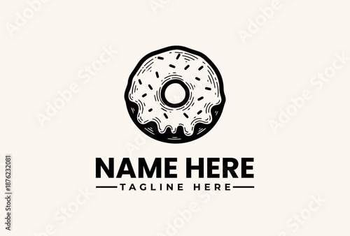A black and white vector illustration of a donut with sprinkles and a generic placeholder text for a logo or brand name on a plain background.