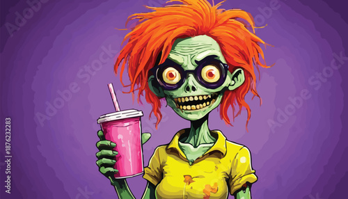 Zombie Cartoon Character with Drink and Orange Hair.