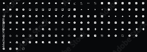 Collection of white digital interface icons on black background vector illustration