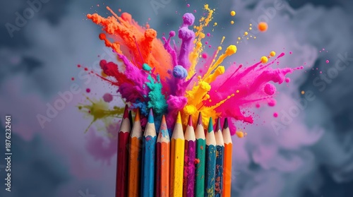 A vibrant explosion of colorful pigment erupting from artist pencils, symbolizing a burst of creativity and artistic expression